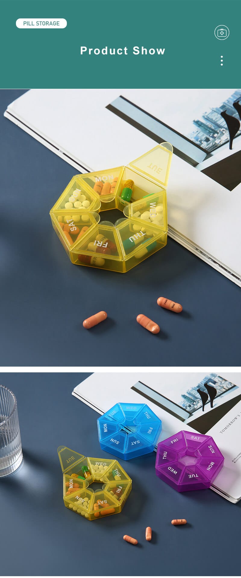 weekly heptagonal pill box product display 8