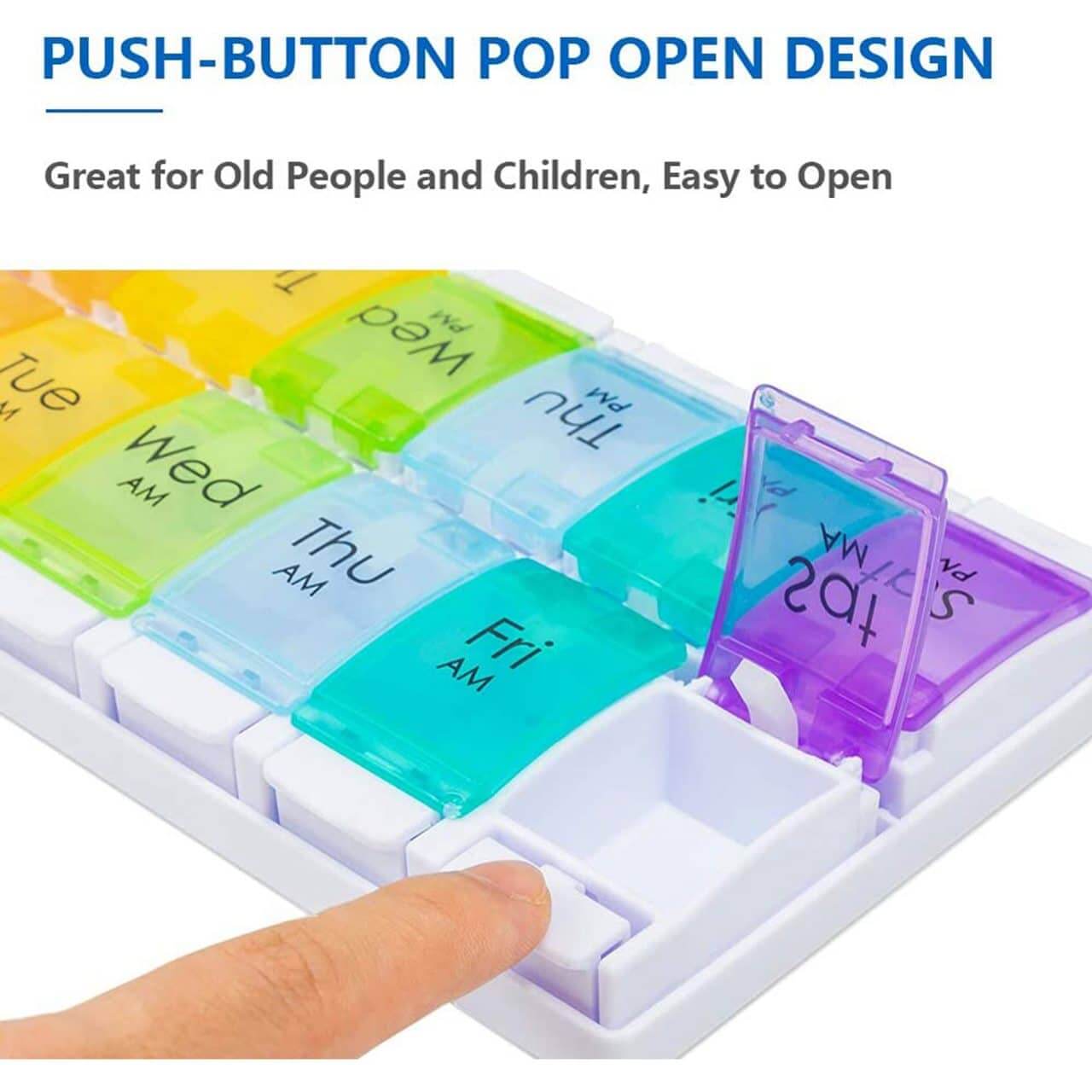 rainbow push button pill box product display 3