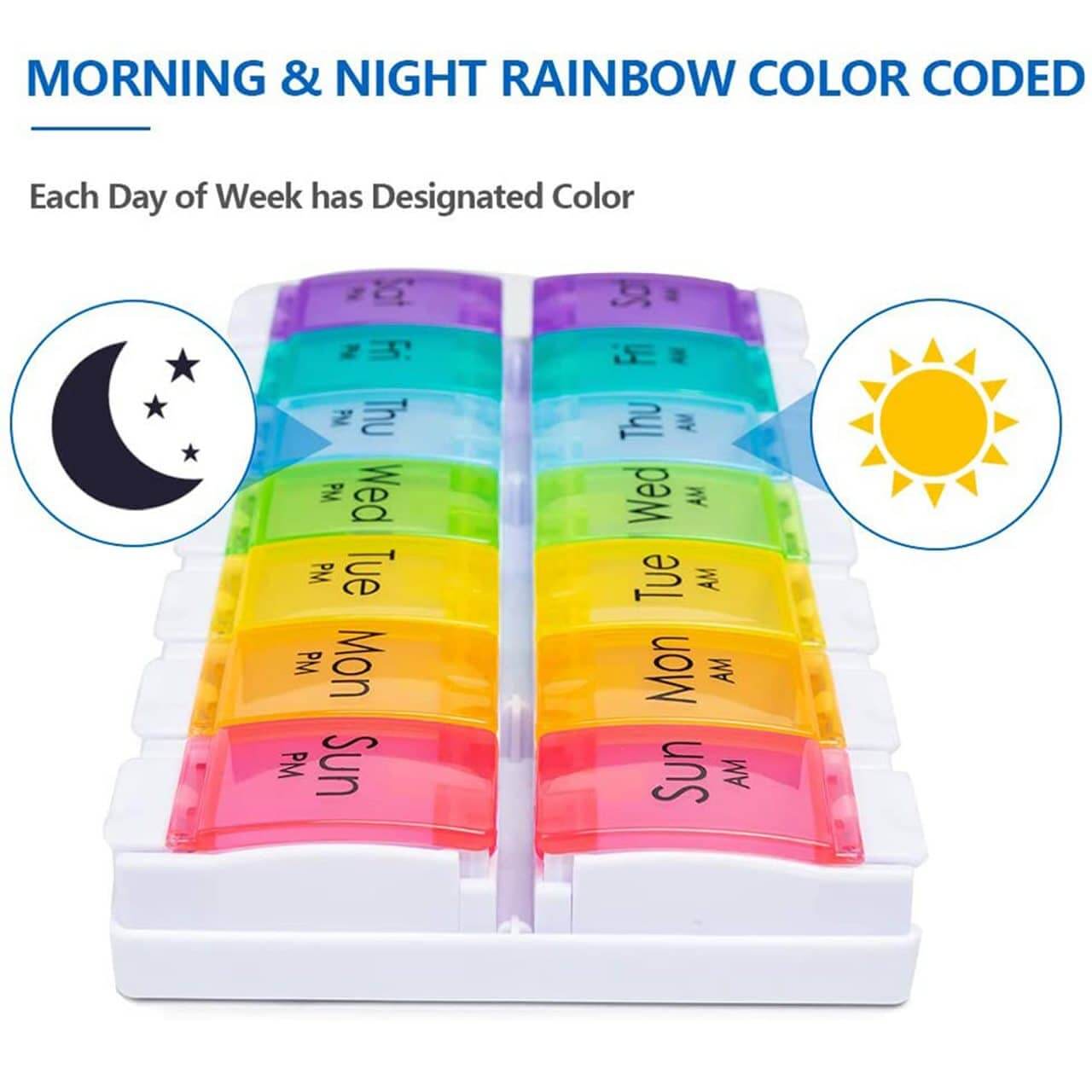 rainbow push button pill box product display 4