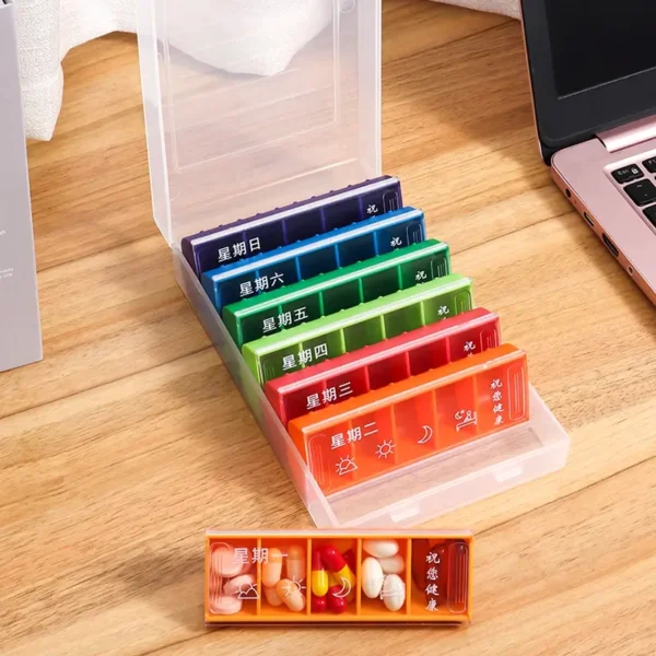 Large Capacity Portable Rainbow 7 Day Weekly Pill Box 35 Compartment Pill Dispenser for Middle Aged People (2)