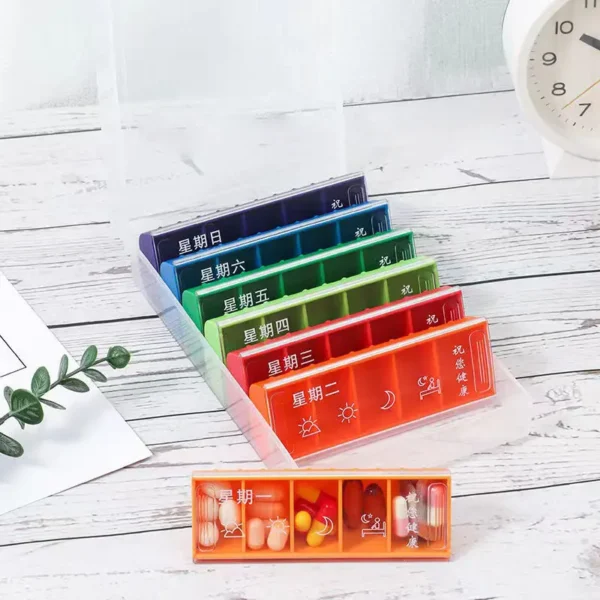 Large Capacity Portable Rainbow 7 Day Weekly Pill Box 35 Compartment Pill Dispenser for Middle Aged People (7)