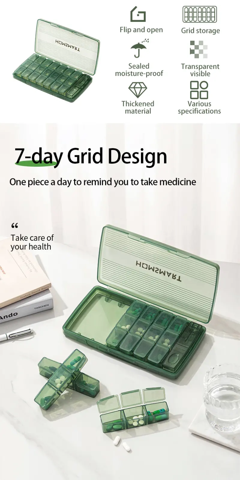 Travel Wholesale Plastic 7 Day Pill Box Case Medicine Case 21 Compartments Pill Box With Pill Cutter (2)