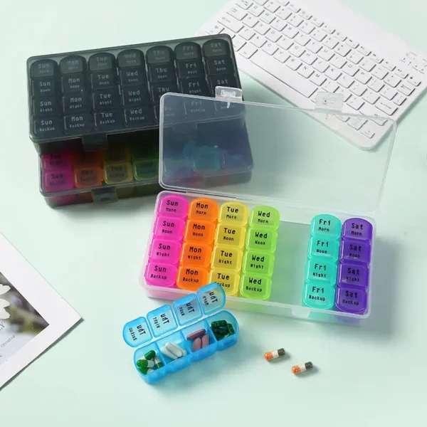 Moistureproof Pill Organizer 7 Days 4 Times a Day Weekly Pill Box Morning Noon Night Pill Case 28 Gird Mediciation for All Meds (10)