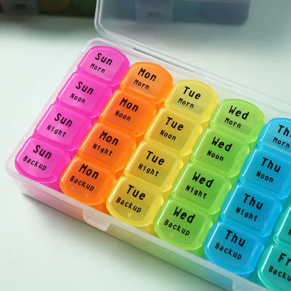 Moistureproof Pill Organizer 7 Days 4 Times a Day Weekly Pill Box Morning Noon Night Pill Case 28 Gird Mediciation for All Meds (9)