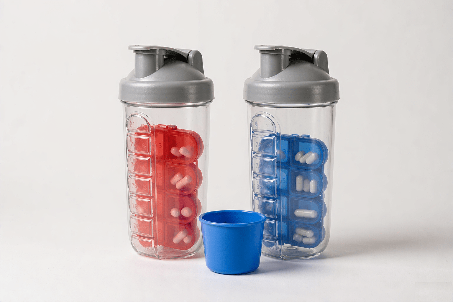 2-in-1 pill box water bottle tray compartments