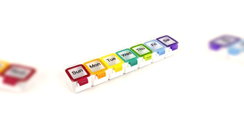 Push-button weekly pill box showing individual day closures