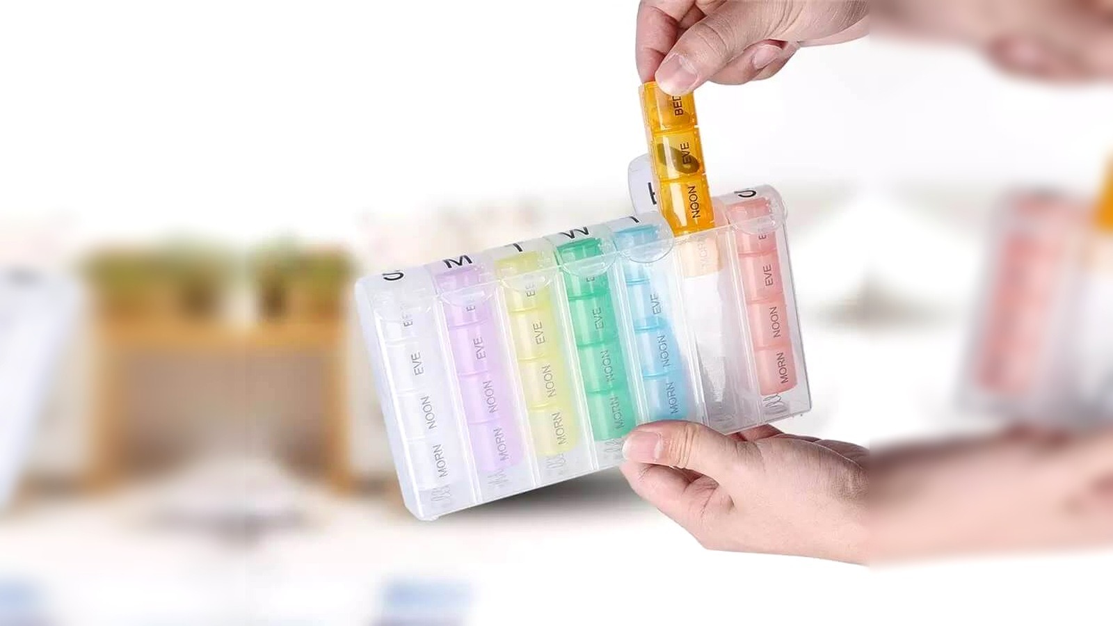Plastic weekly pill organizer for HS heading review