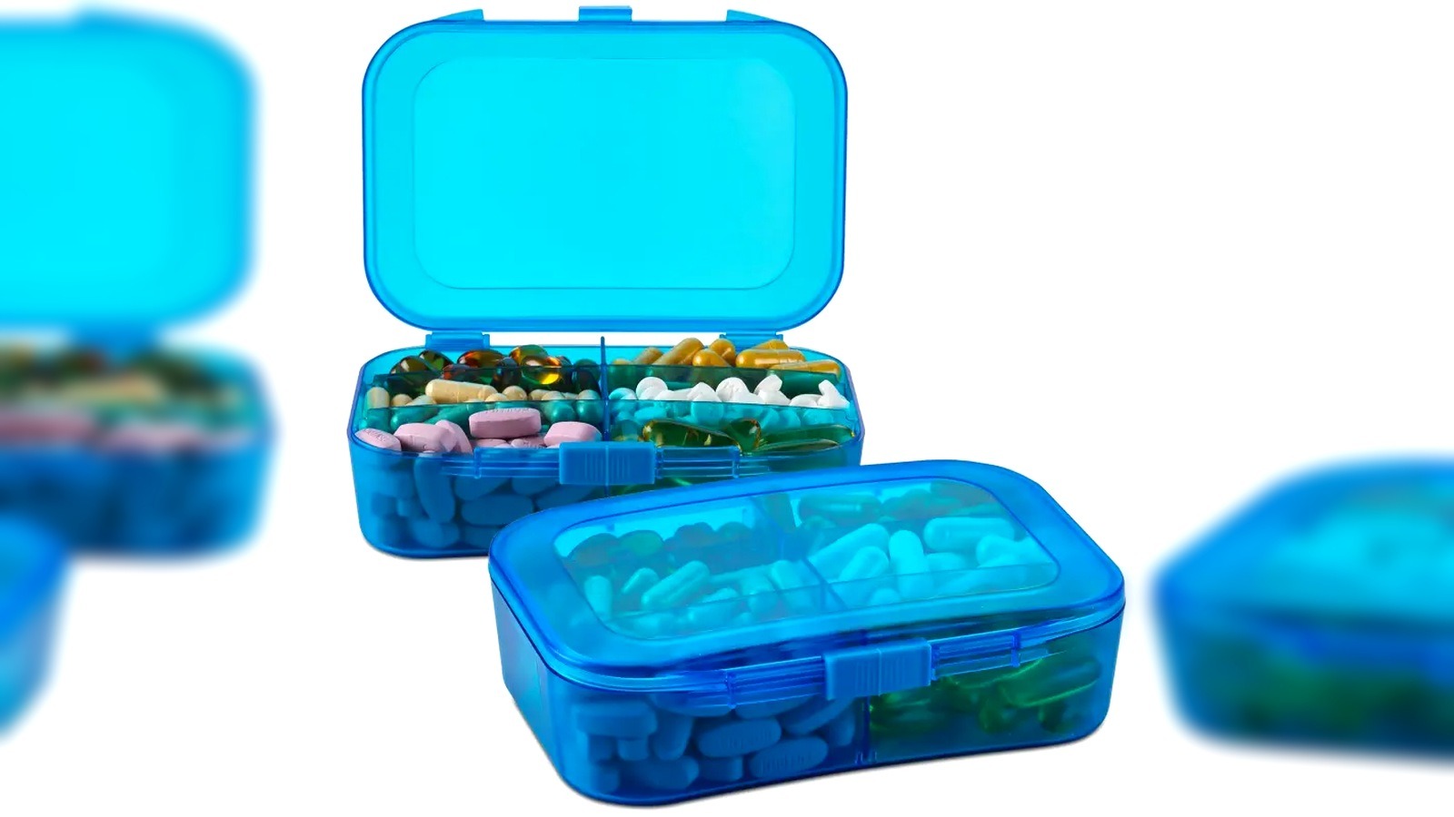 translucent pill box material with gasket holding tablets