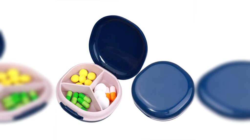 pill box with opaque lid and clear compartments