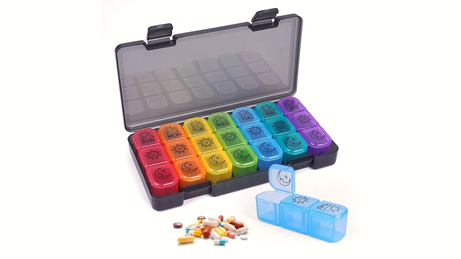 Weekly pill organizer for gummies with removable day pods